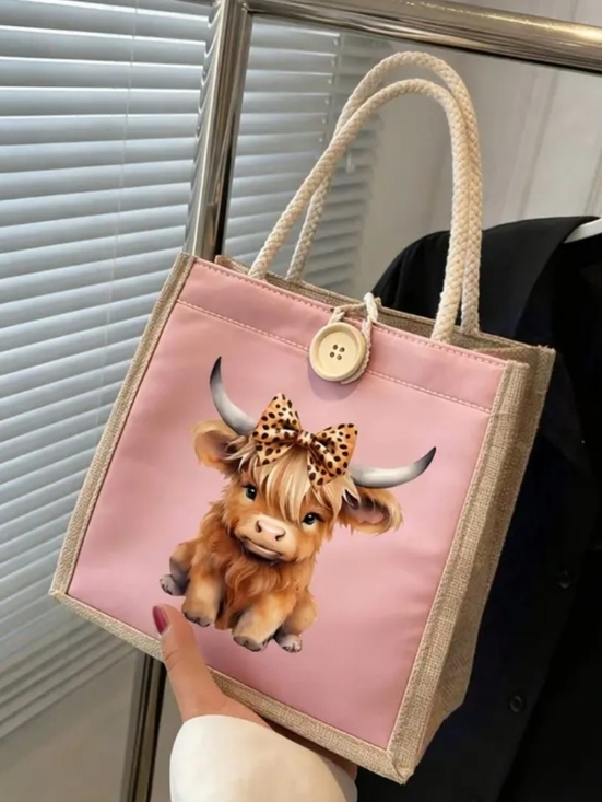 Handbags - Highland Cow Mini Canvas Tote Bag with Button Closure